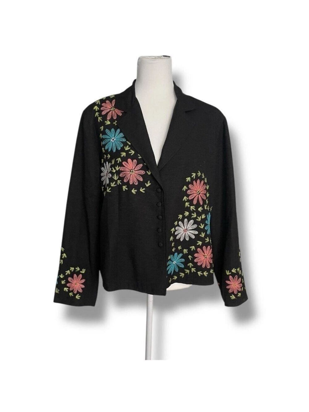 Vintage Carole Little Silk Embroidered Blazer Size XL Floral 90s Jacket